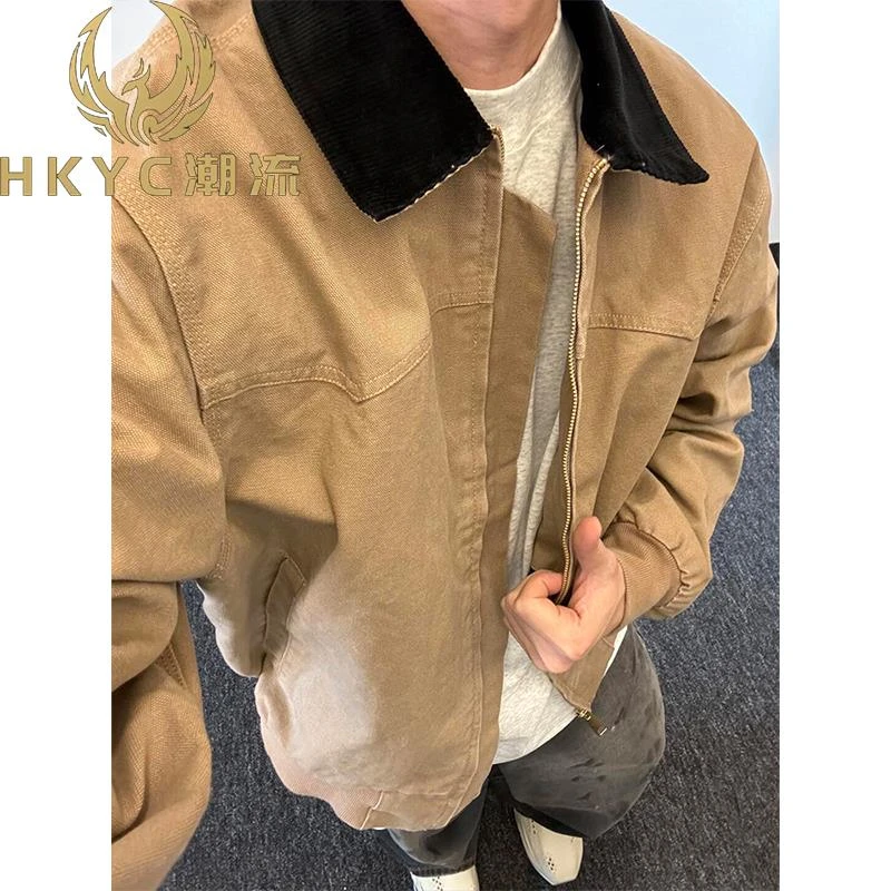 HKYC帆布水洗牛仔外套男款美式潮牌翻领底特律工装夹克2025秋冬
