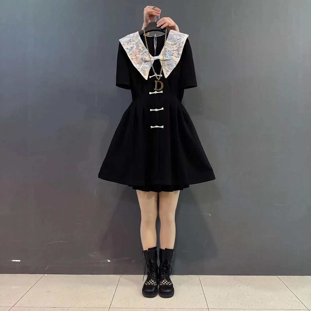 胖MM国风盘扣蝴蝶结领撞色百搭新中式显瘦连衣裙