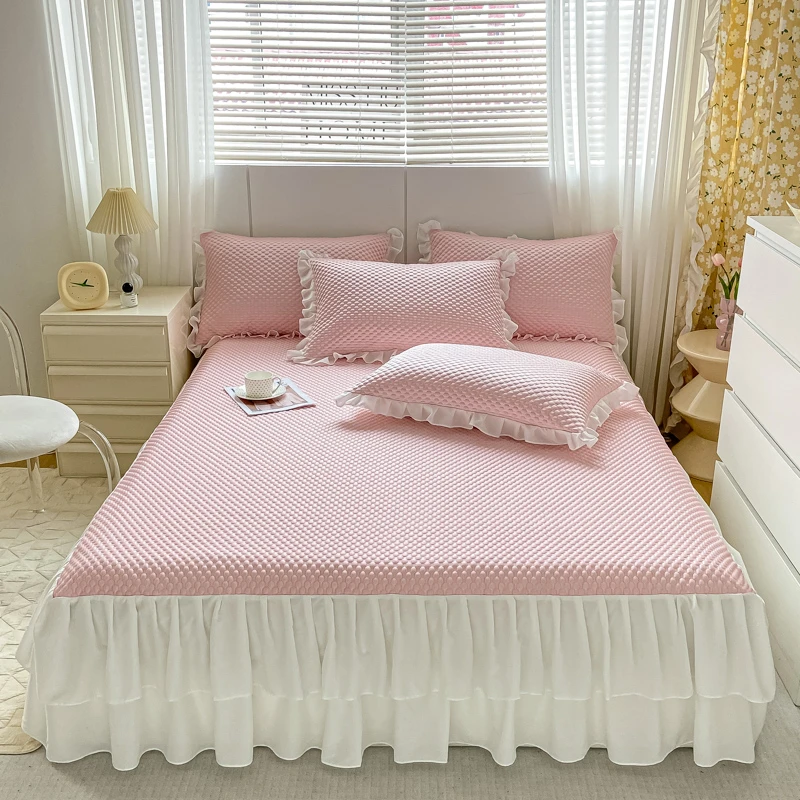 夏季冰豆豆 凉席床裙款三件套纯色凉感软凉席公主风花边款可机洗
