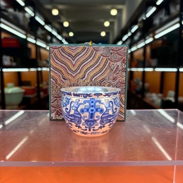 青花玄鸟瓷胎包银主人杯杯茶杯品茗杯-4795
