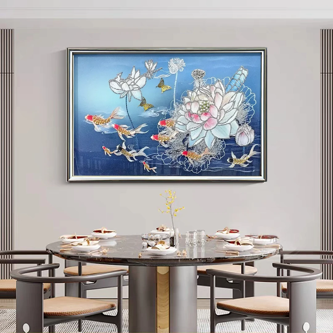 D89【九鱼荷花】餐厅画手工实物立体客厅墙锦鲤装饰画玻璃防水挂画