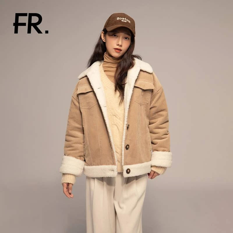 凡人优品女士加绒加厚洋气短款灯芯绒外套A617S