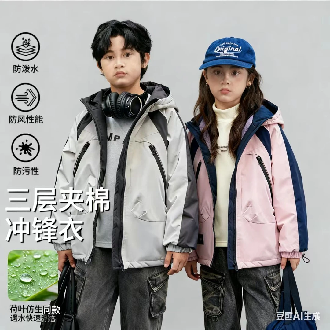 （三层加棉防风防水）中大童户外冬冲锋衣男女加厚棉服N-100265