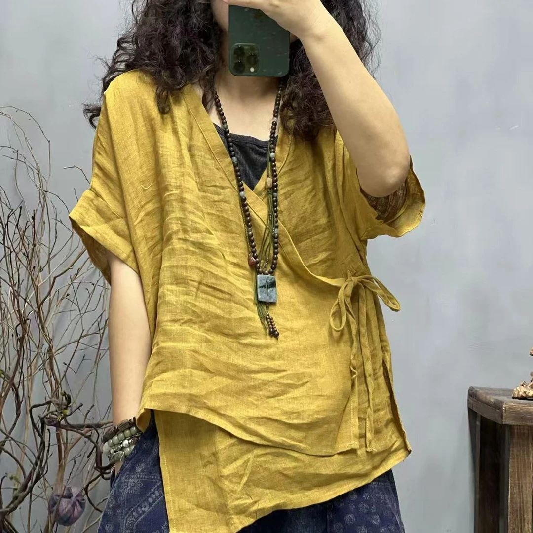 MG5 25104 夏季新品亚麻休闲百搭不规则女士上衣 胸围132长52