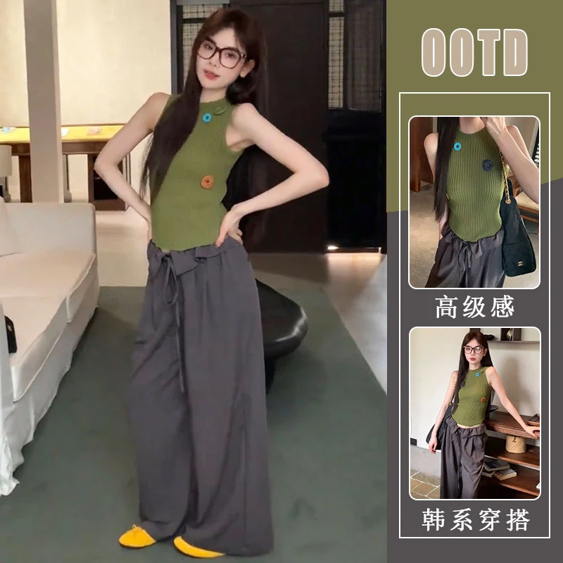 巨好看绿色立体花朵半高领针织吊带背心女夏慵懒松弛感阔腿裤套装