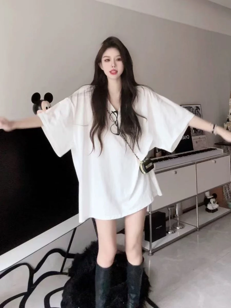 韩版慵懒风懒人穿搭V领短袖T恤春夏季半袖中长款遮臀宽松显瘦上衣