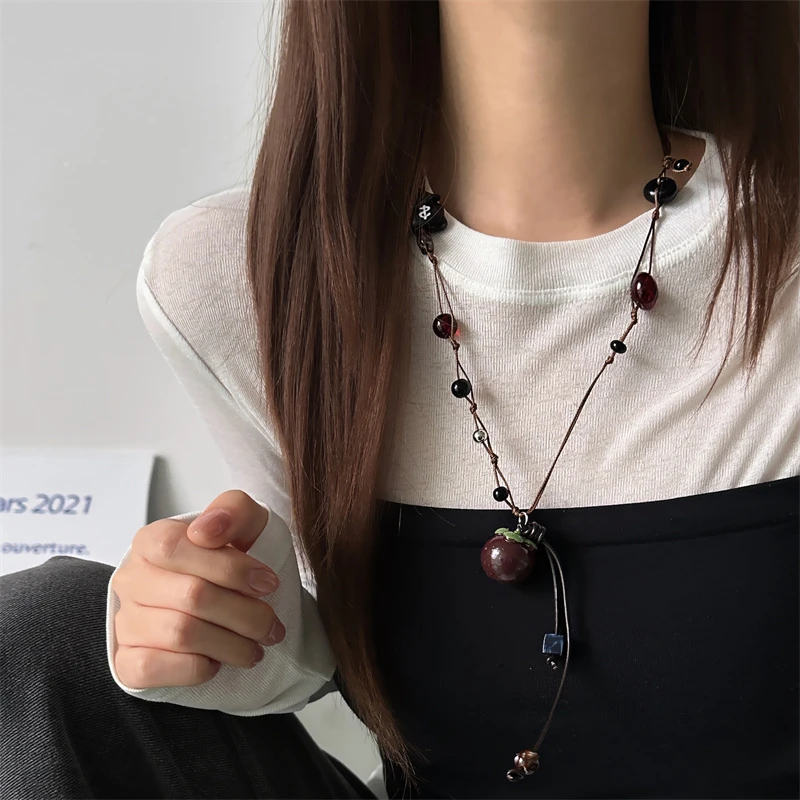 非金属棉绳项链 X6081-1山竹珠珠项链时尚百搭复古长款小众设计感
