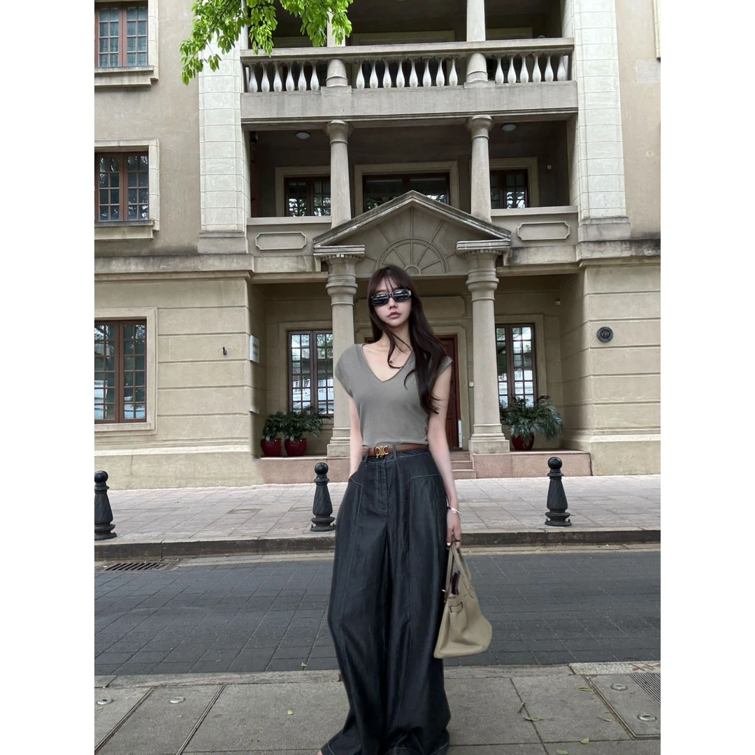 『GTYU』9%丝光羊毛高级简约感V领显瘦T恤背心女夏季休闲百搭垂感