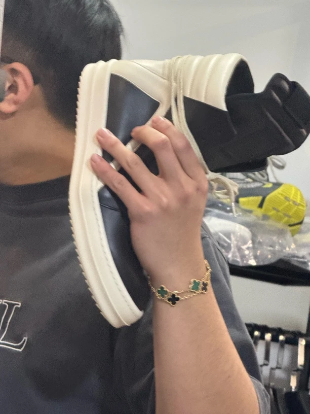 全新未使用/Rick Owens  做旧皮黑白倒三角高帮鞋