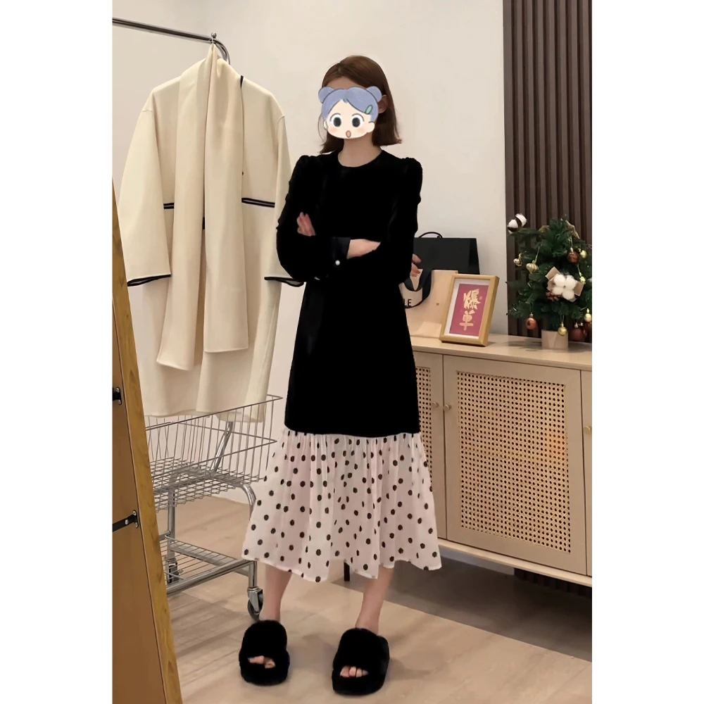 氛围感法式拼接时尚连衣裙2025秋季新款显瘦气质名媛波点百搭长裙