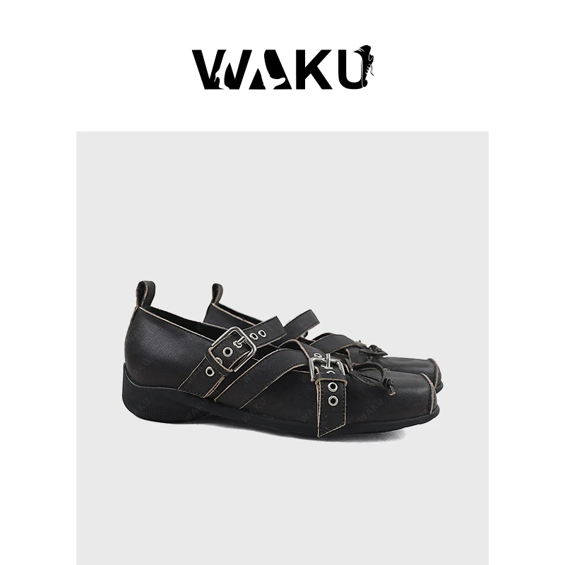 做旧格调25ss水洗牛皮纹理十字扣交叉带芭蕾舞鞋玛丽珍