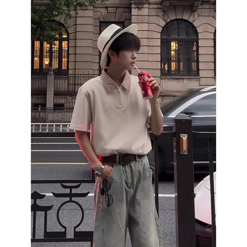 杏色半拉链短袖polo衫男款夏季美式复古正肩t恤华夫格翻领半截袖