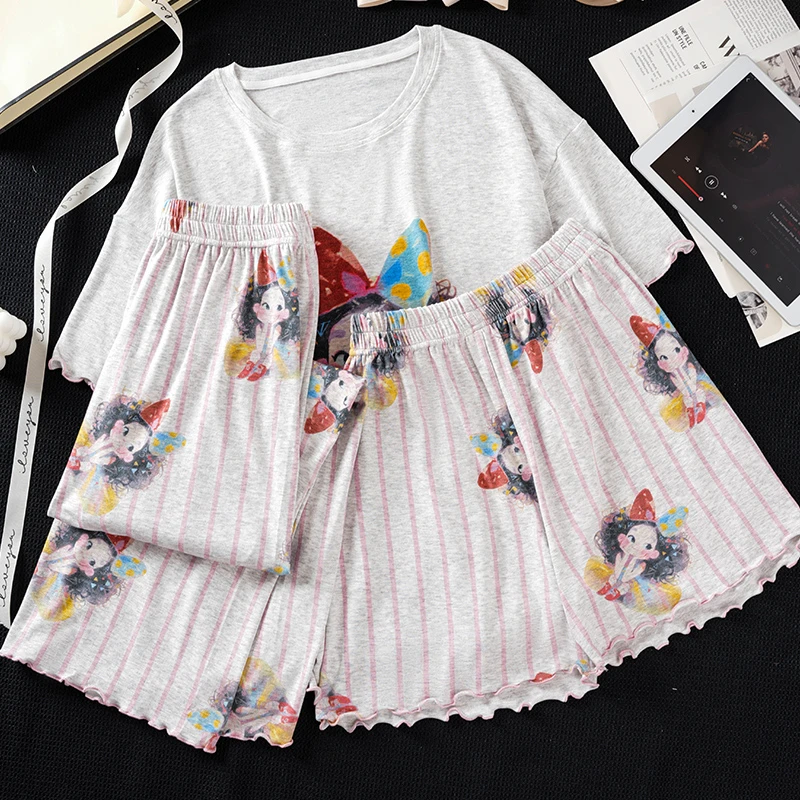 【小女孩】夏季爆款女大学生睡衣甜美风莫代尔休闲居家三件套家居服