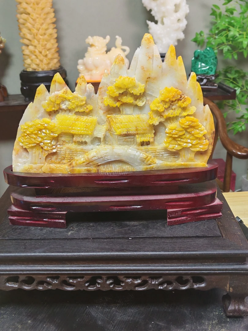 家居陶瓷装饰摆件黄色工艺品玉石雕刻新中式创意假山玄关山水花鸟