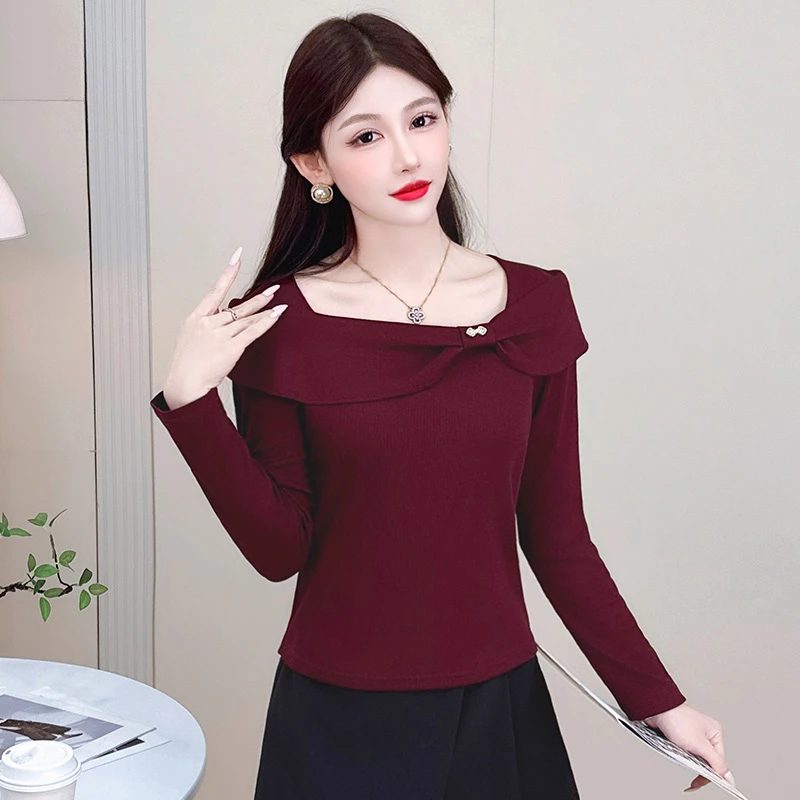 拉夏贝尔2025秋季设计感气质方领长袖T恤女时尚修身显瘦百搭上衣