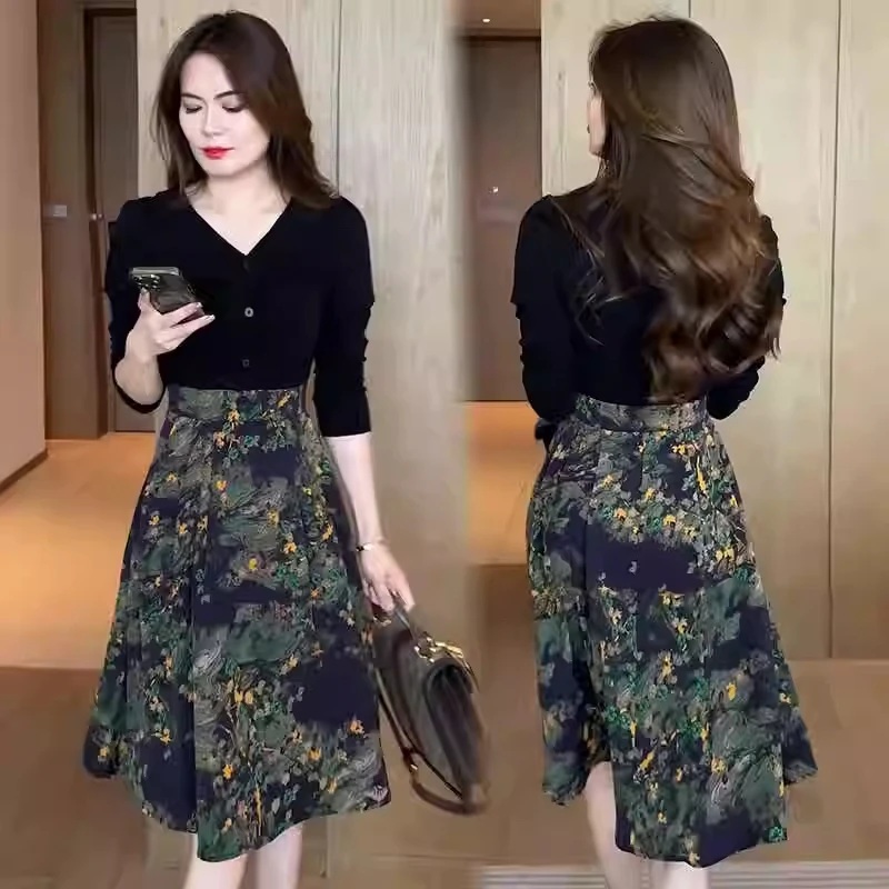 洋气v领连衣裙女春夏新款时尚气质假两件拼接收腰显瘦碎花裙子潮