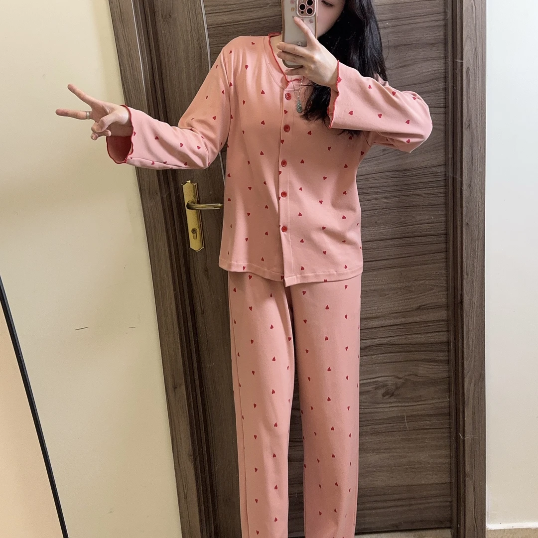 C秋冬新款女士纯棉带胸垫开衫睡衣长袖套装 精致红色爱心可外穿