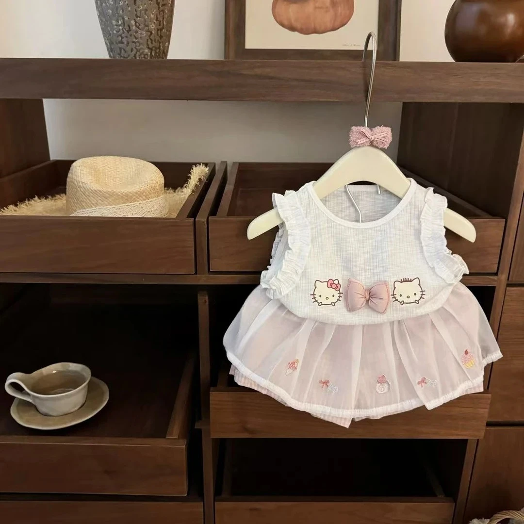 【咸柠七】粉粉凯蒂!女宝宝卡通背心粉格子花边裤洋气可爱套装潮