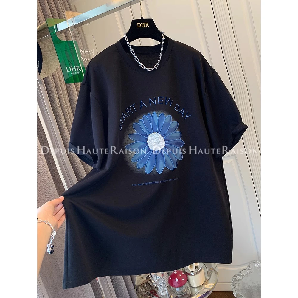 胖妹妹240斤大码独特超好看美式刺绣亮片花朵短袖T恤宽松夏季新款