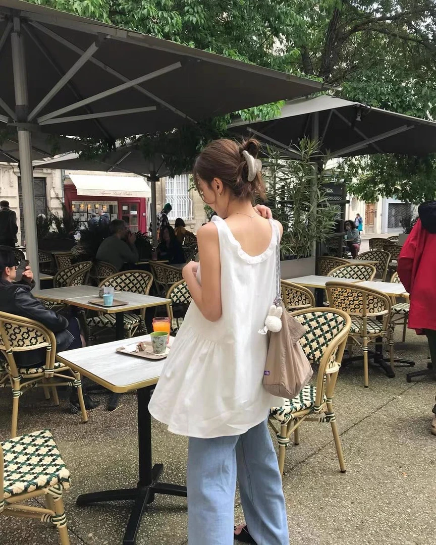 韩系两个黑白花边无袖短款连衣裙