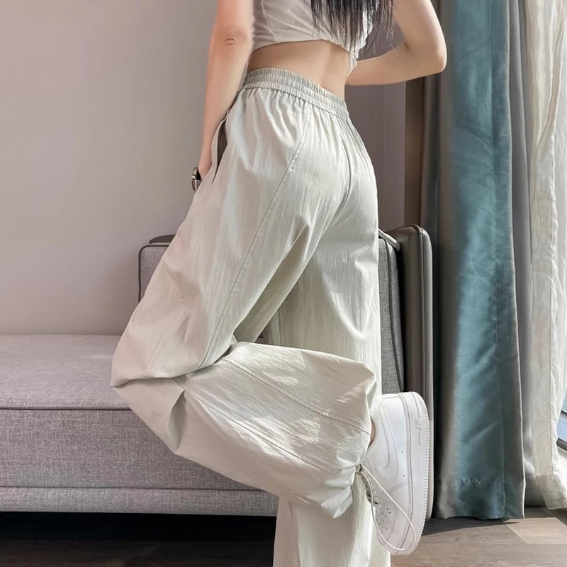 美式冰丝速干工装裤女夏季薄款束脚休闲运动裤宽松直筒拖地阔腿裤