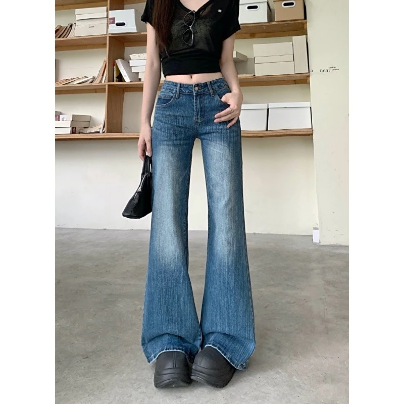 小个子美式辣妹低腰微喇牛仔裤女2025夏季新款不贴腿宽松喇叭裤子