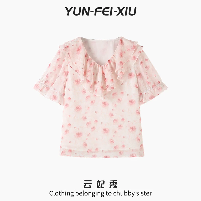 云妃秀大码女装雪纺衫时尚休闲宽松显瘦V领气质百搭上衣夏季5952