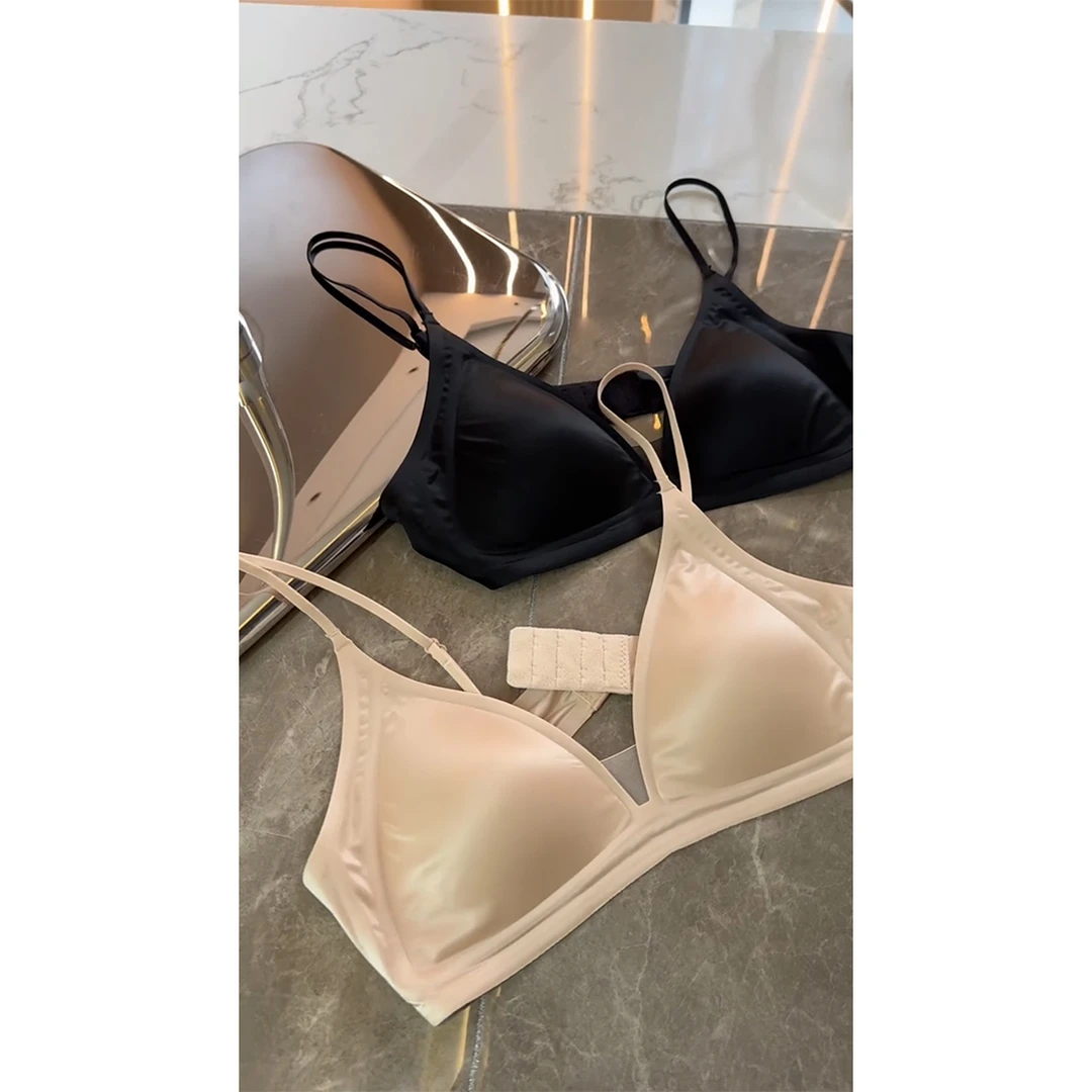 【高品质】法式性感网纱拼接三角杯内衣女无钢圈小胸聚拢夏薄款文胸