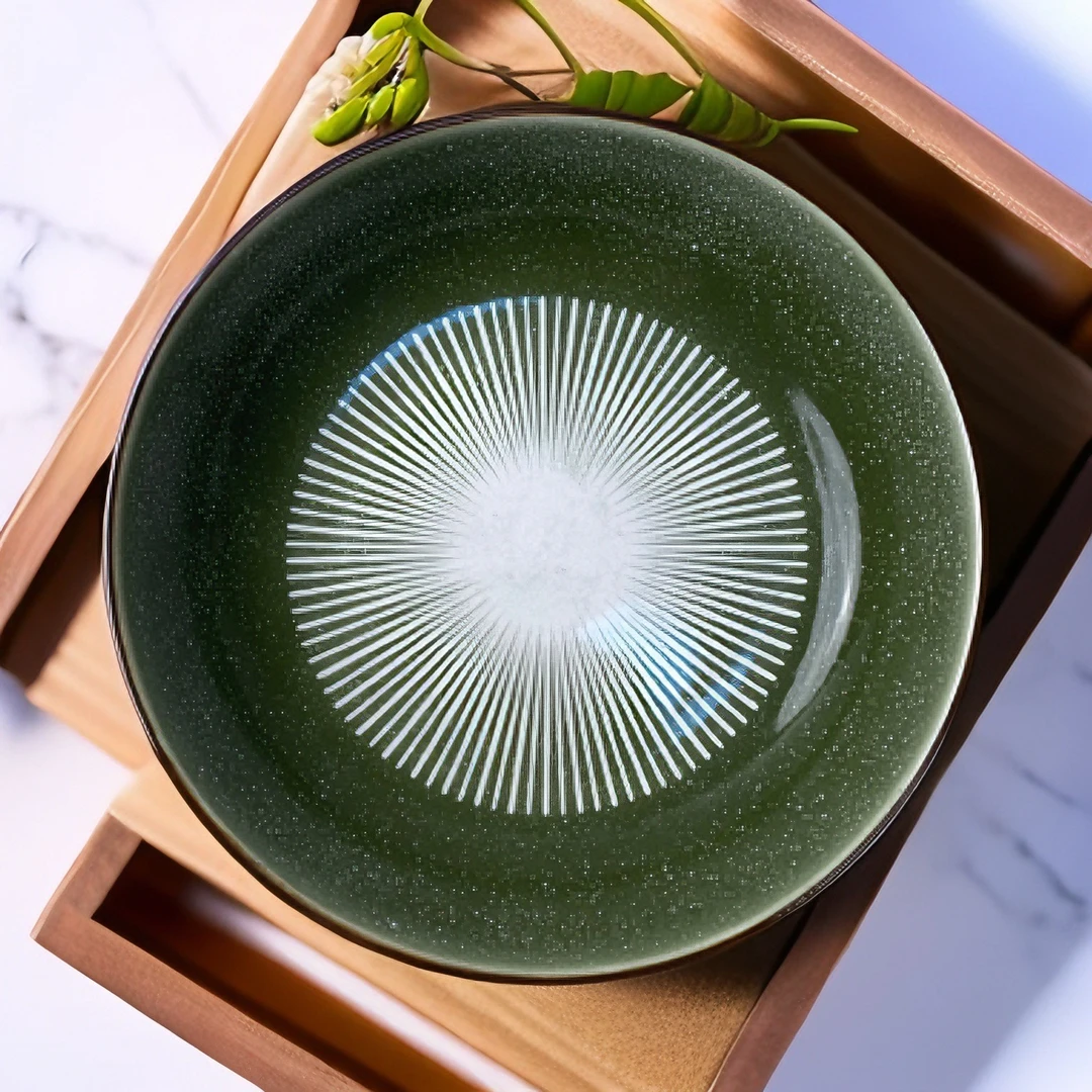 135默认微瑕 绿色深盘8.5英寸21.59cm复古盘子