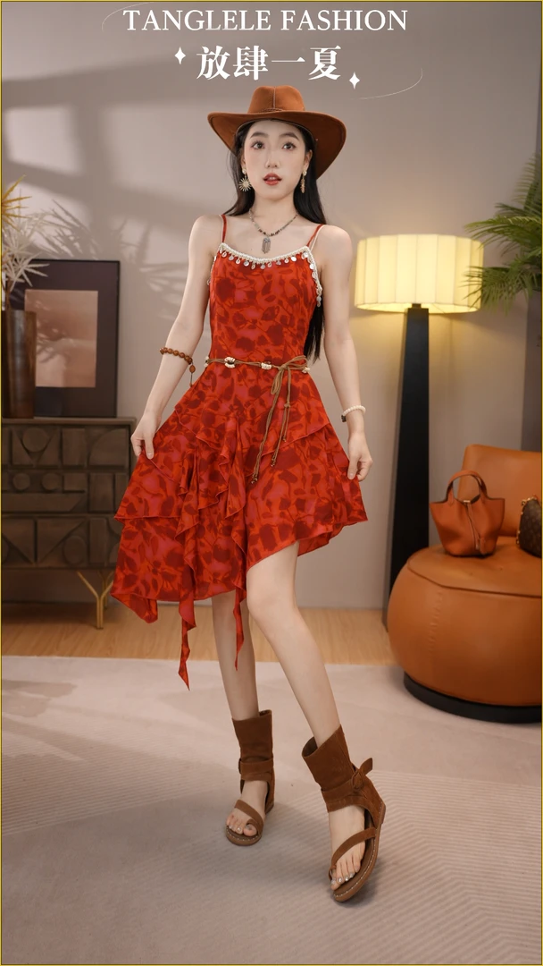 唐乐乐｜25new春夏系列法式红色显白收腰小众气质连衣裙BF1254