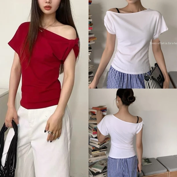 薇莎50192【现货】露肩设计款不规则T恤