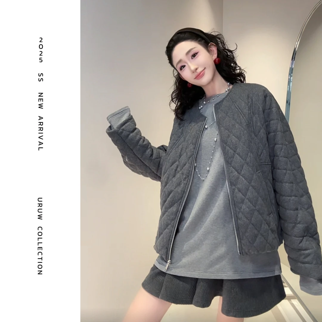 现货【颖子定制】曼城旧事~秋冬毛呢圆领菱格压棉外套时尚棉服 6575