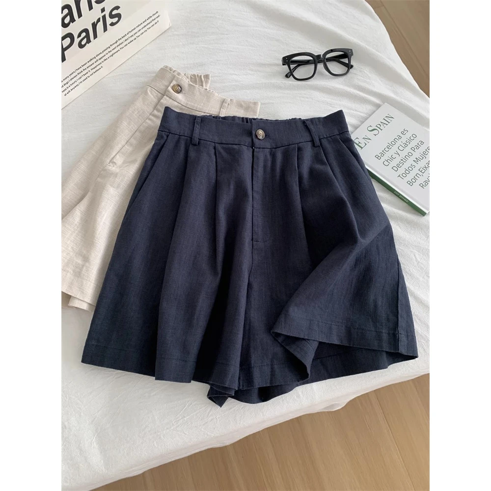 水洗复古苎麻短裤女韩系百搭A字高腰显瘦阔腿裤25夏季薄款棉麻裤