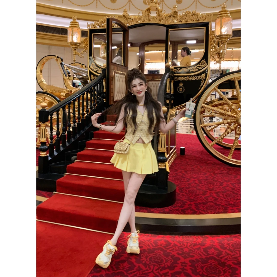 GUIDI GUDI【折枝春】针织重工刺绣马甲半裙套装/黄加蓝