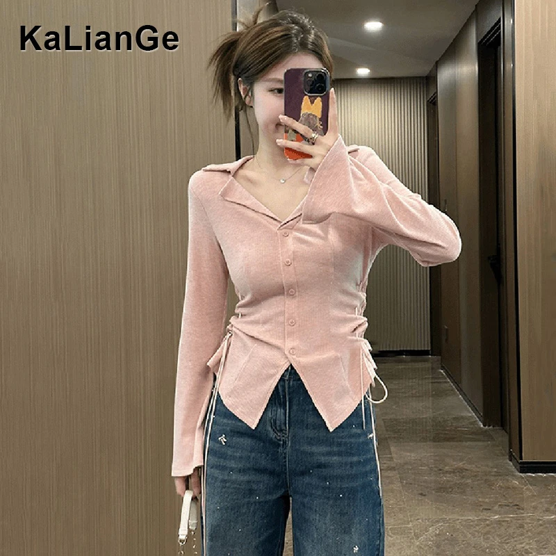 卡莲格/V领抽绳褶皱长袖T恤女早秋胖mm收腰显瘦设计感针织打底衫