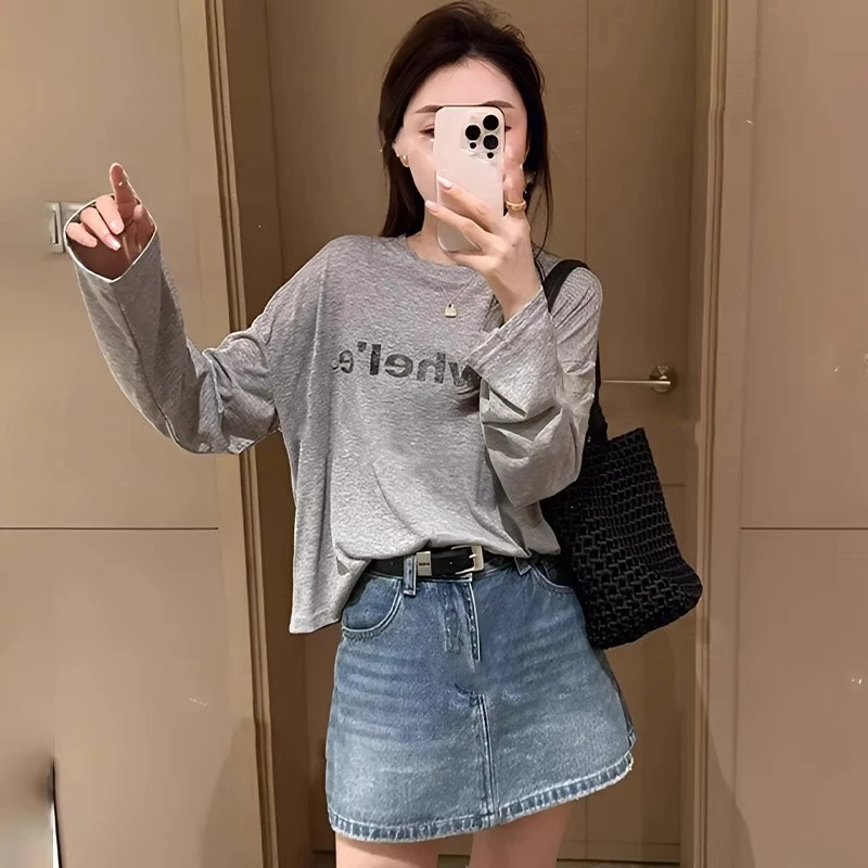 灰色字母印花冰丝长袖t恤女2025新款夏季宽松小个子防晒罩衫上衣