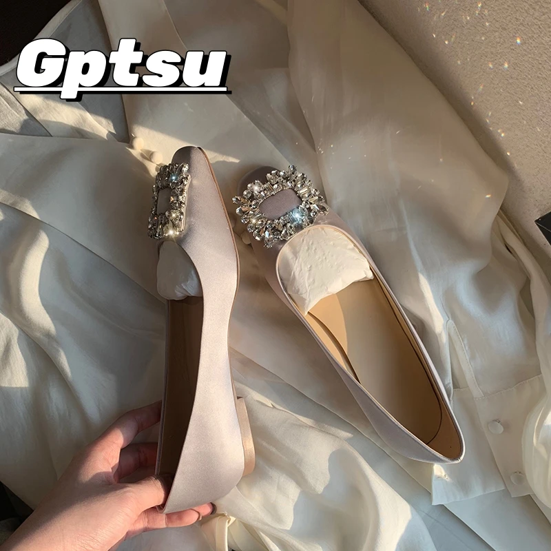 GPTSu春夏季水钻方扣平底浅口单鞋女法式玛丽珍鞋婚鞋温柔晚晚鞋