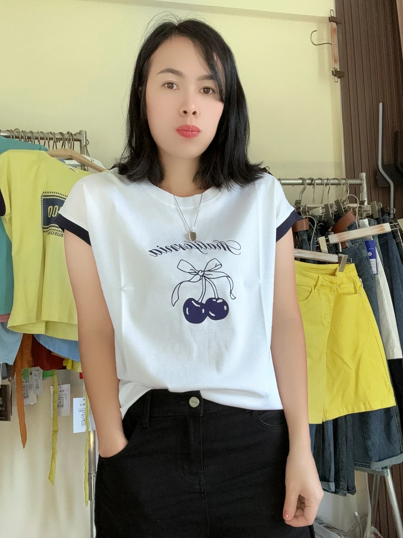 珠珠家休闲风慵懒风圆领甜辣风短袖T恤印花夏季无袖宽松套装白色
