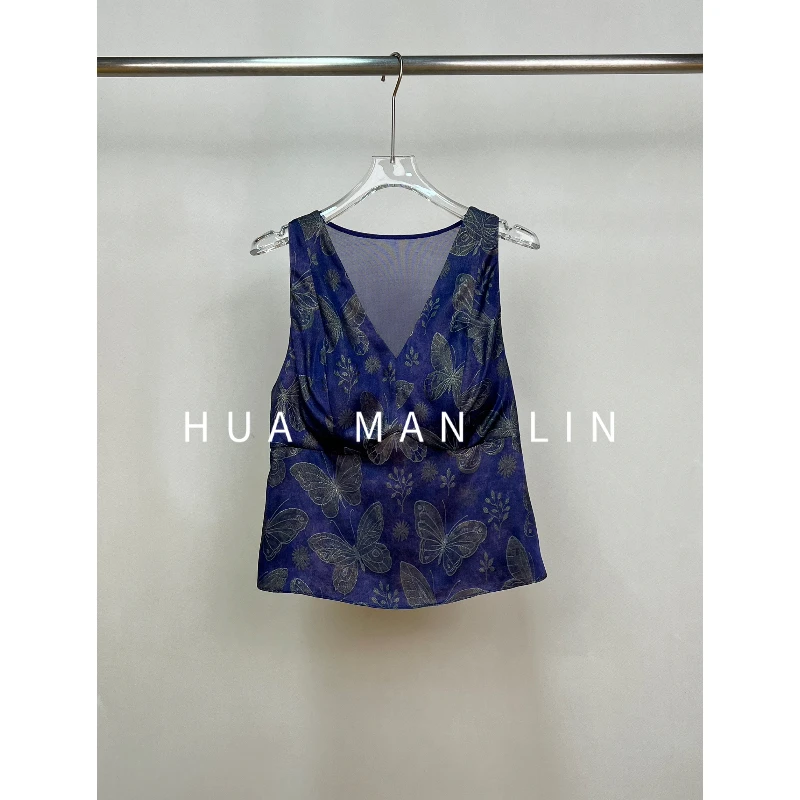 【花满林】"紫蝴蝶"V领后网纱香云纱桑蚕丝美背258236【带胸垫】