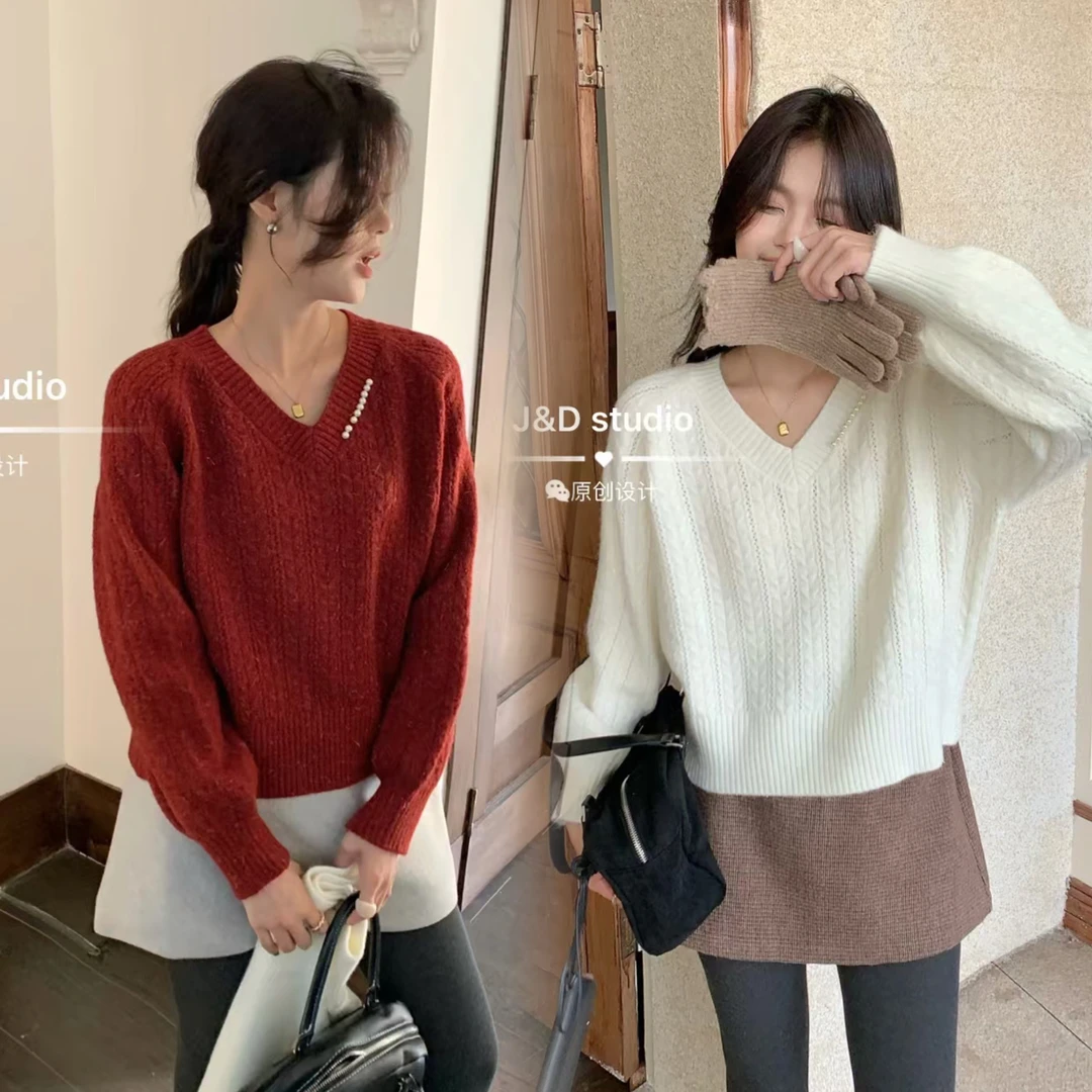 2025新款时尚春天针织毛衣针织衫宽松慵懒上衣显瘦珍珠毛衣洋气