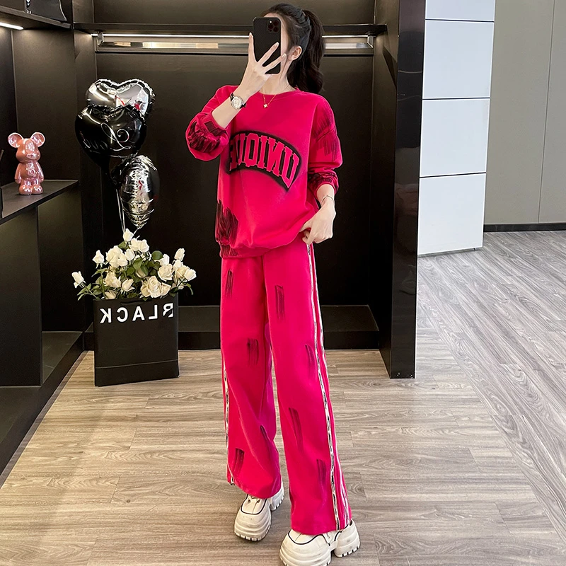 春装红色网红休闲运动套装女时尚显瘦洋气炸街印花卫衣长裤两件套