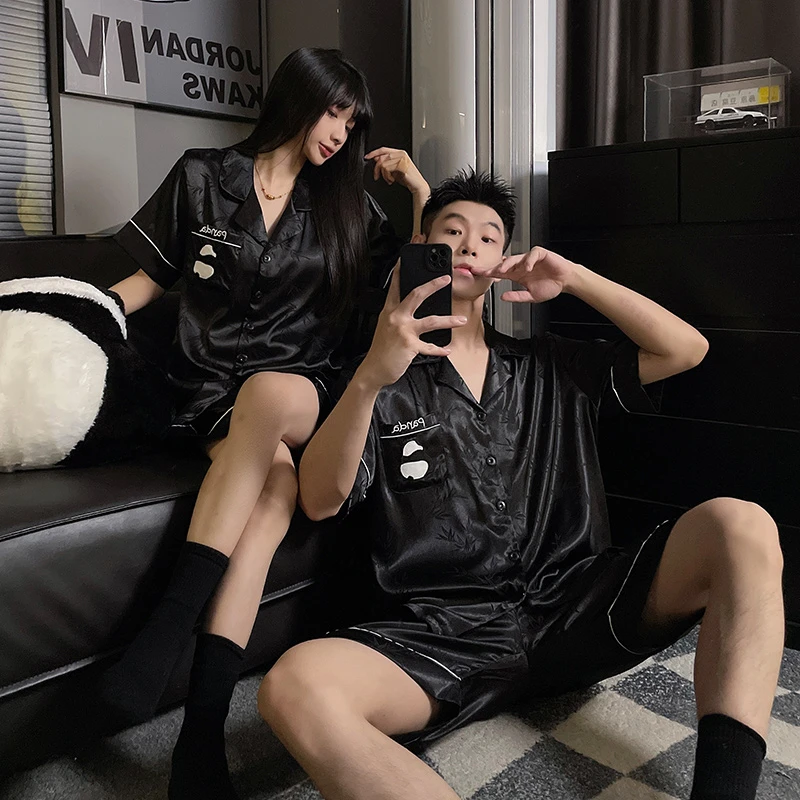 国风熊猫竹叶冰丝绸情侣睡衣女夏季短袖黑色高级感男士家居服套装