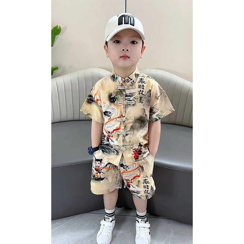 哪吒衣服男童夏季汉服2025新款男宝宝周岁礼服儿童新中式国风唐装