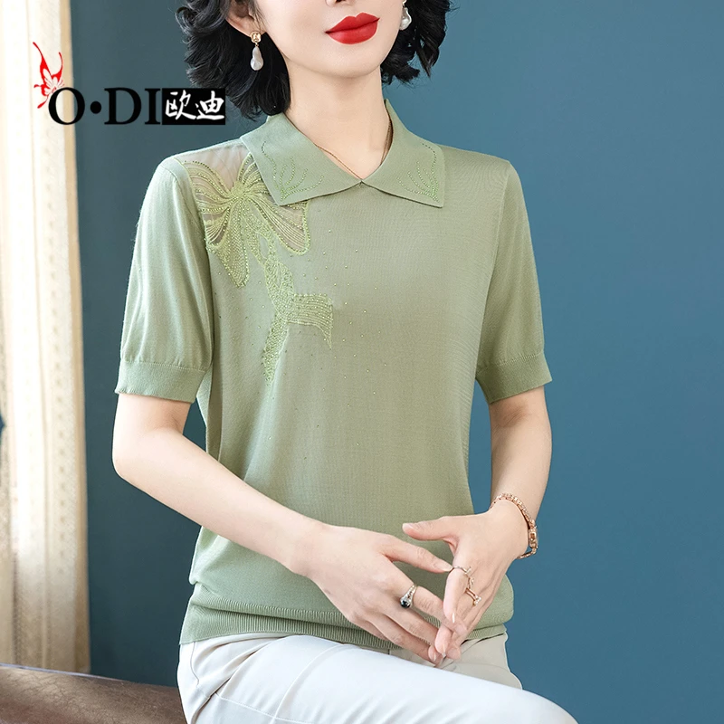 年轻妈妈夏装新款洋气翻领冰丝针织上衣中老年女短袖网纱刺绣t恤