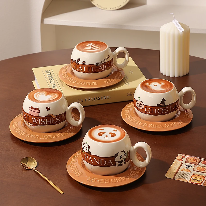 杯底拉花咖啡杯设计感小众拿铁杯碟可爱陶瓷杯子女士马克杯早餐杯