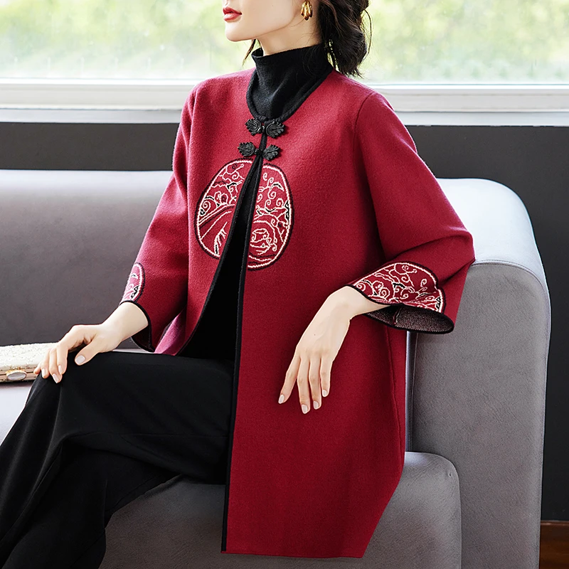 妈妈春秋针织毛衣外套本命年风衣红色婚宴装中老年女礼服
