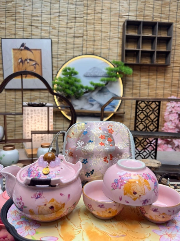 蝶语花间猫趣组合茶具家用（一壶三杯搭链子粉色旅行包包➕茶盘）
