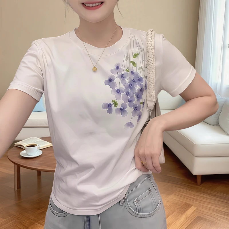 重工花朵印花短袖t恤女夏季新款设计款ins百搭宽松纯棉半袖上衣女