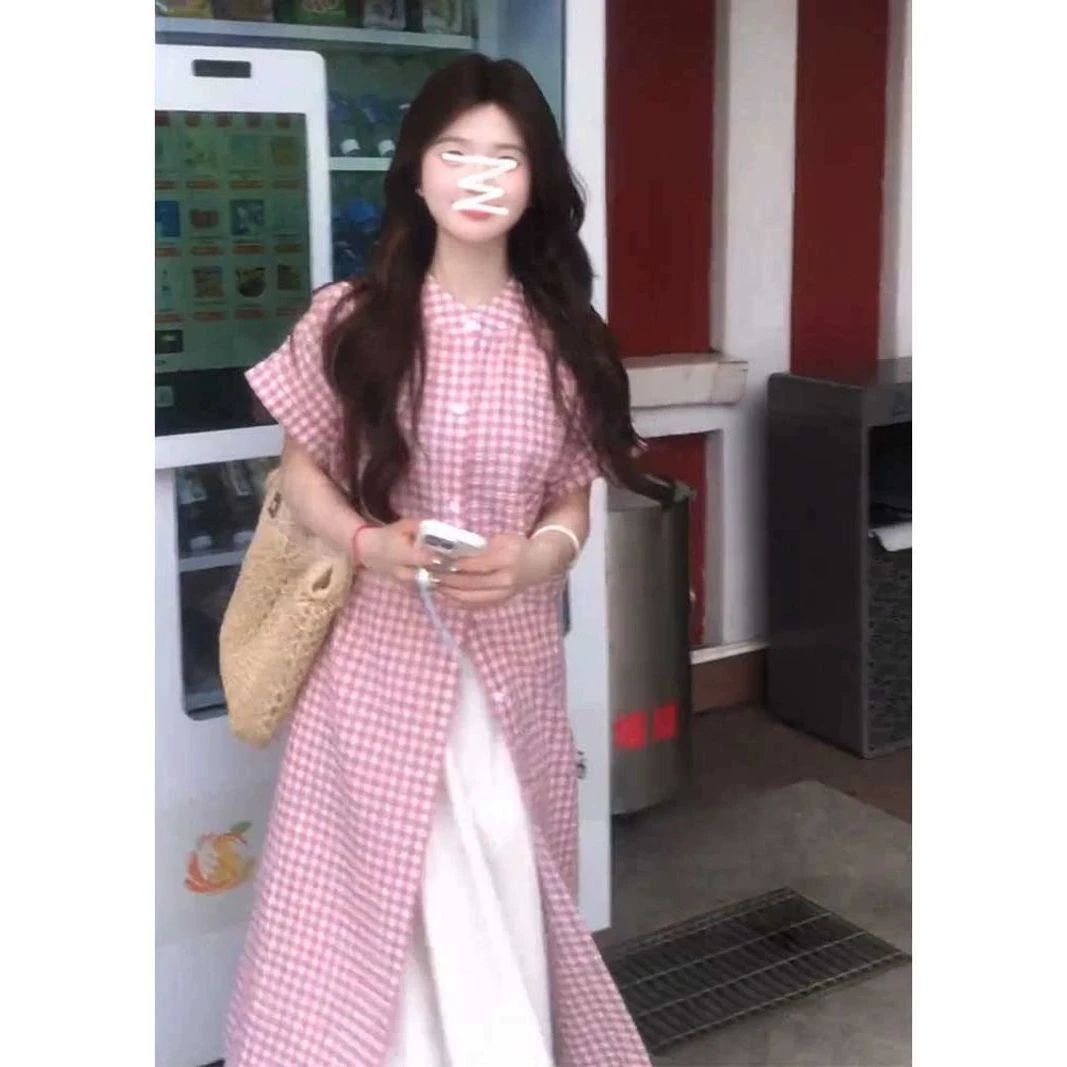 法式复古格纹开叉宽松衬衫长裙蕾丝拼接半身裙两件套装女夏季新款