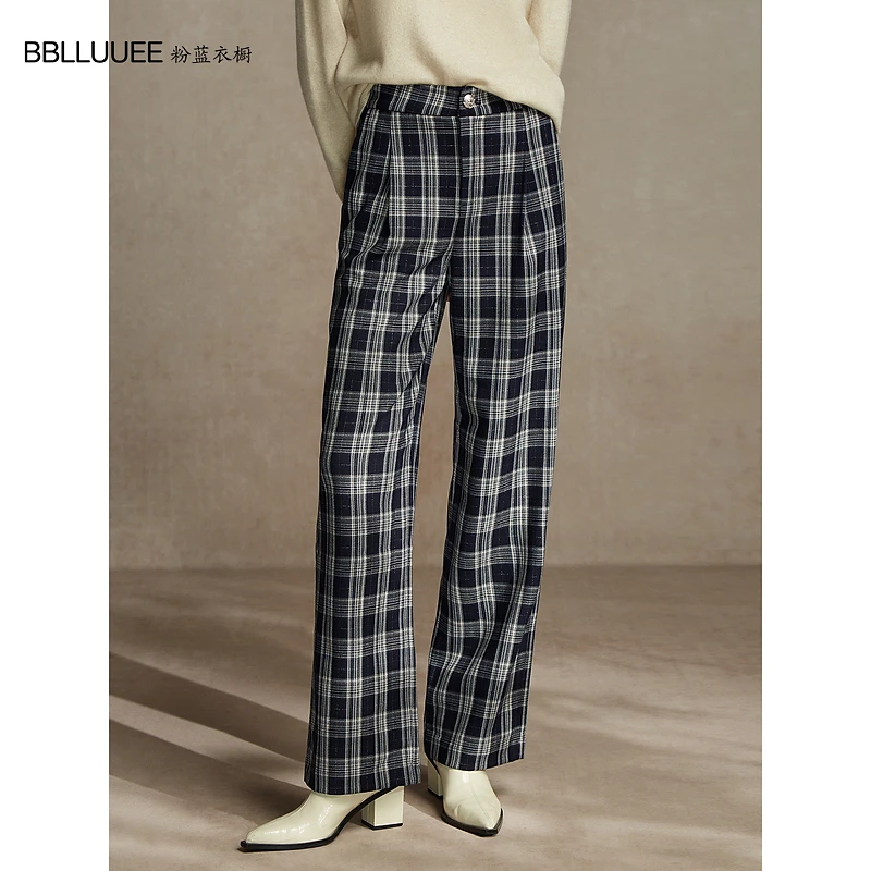 【晨粉专享价】粉蓝衣橱轻文艺复古格纹直筒裤2025冬装新款蓝白格纹